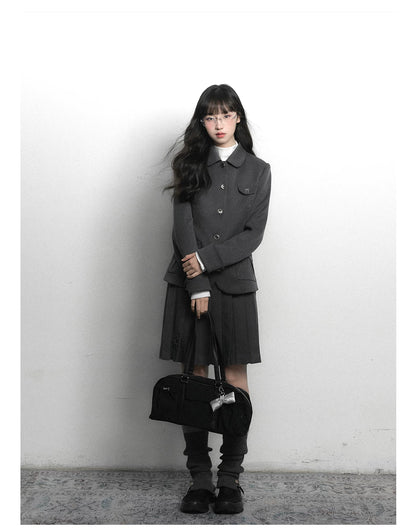 "Grey Finch" Gray Korean Preppy Suit Collection (Blazer / T-Shirt / Box Pleated Skirt)
