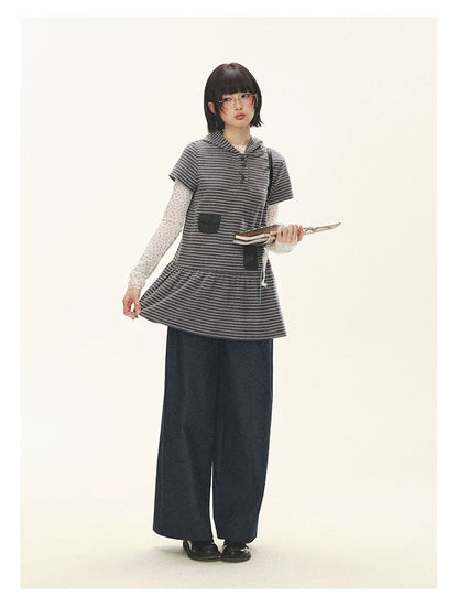 "Seoul Diary" Gray & Pink Stripe Hooded Knit Mini Dress