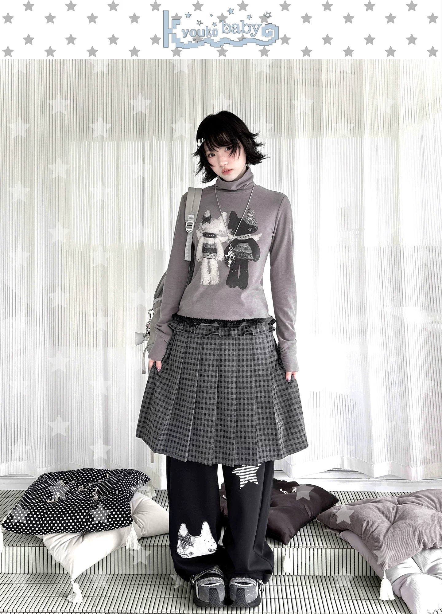 "Forgotten Corner" Mock Neck Gray Base Layer Top & Black Gray Plaid Skirt Set