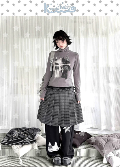 "Forgotten Corner" Mock Neck Gray Base Layer Top & Black Gray Plaid Skirt Set
