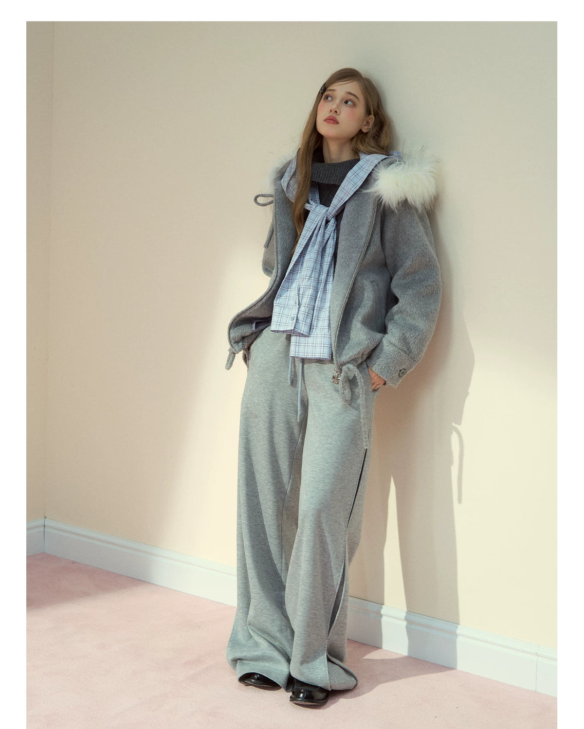 SunsetPark - "Warm Winter Days" Faux Fur Collar Wool-Blend Top Coat (Gray / Pink)
