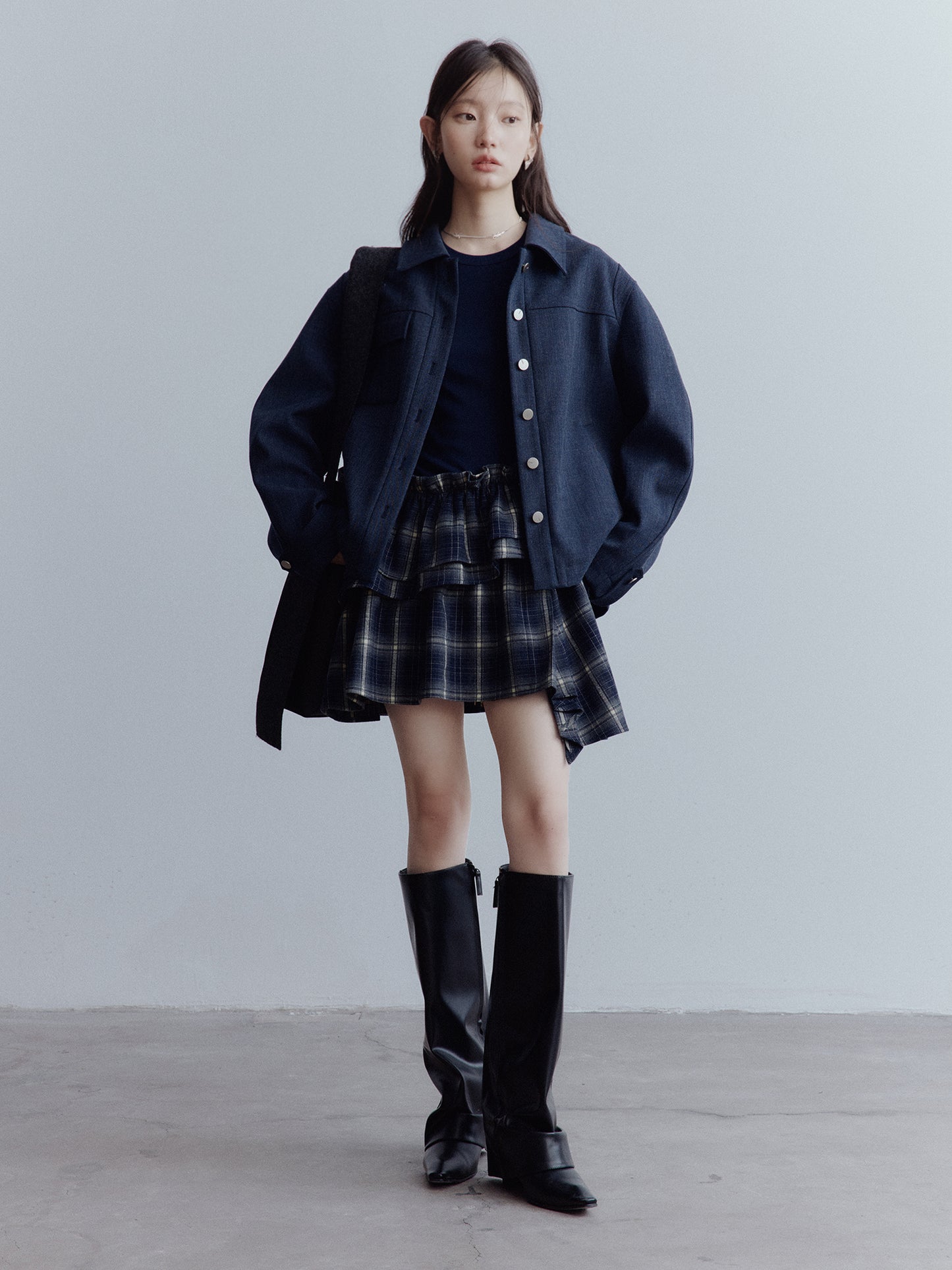 FUSSED Asymmetrical Layered Plaid Dress – Midnight Blue FOF-25AW215