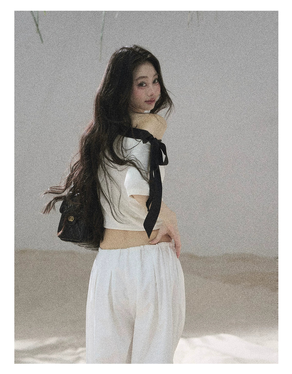 "Moonlight Upon Her" Creamy Apricot Off-Shoulder Twist Cropped T-Shirt