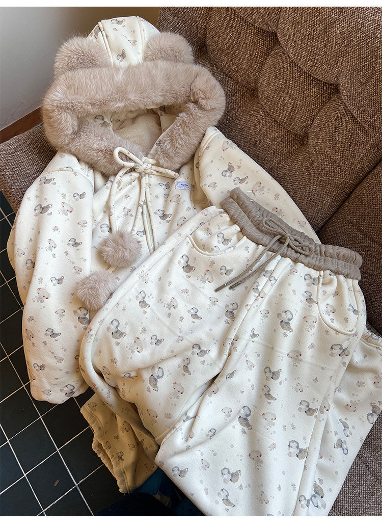 阮阮自制 - Honey Bear Ivory Plush Padded Jacket & Fleece Pants Set