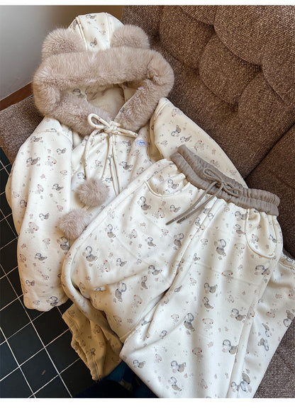 阮阮自制 - Honey Bear Ivory Plush Padded Jacket & Fleece Pants Set