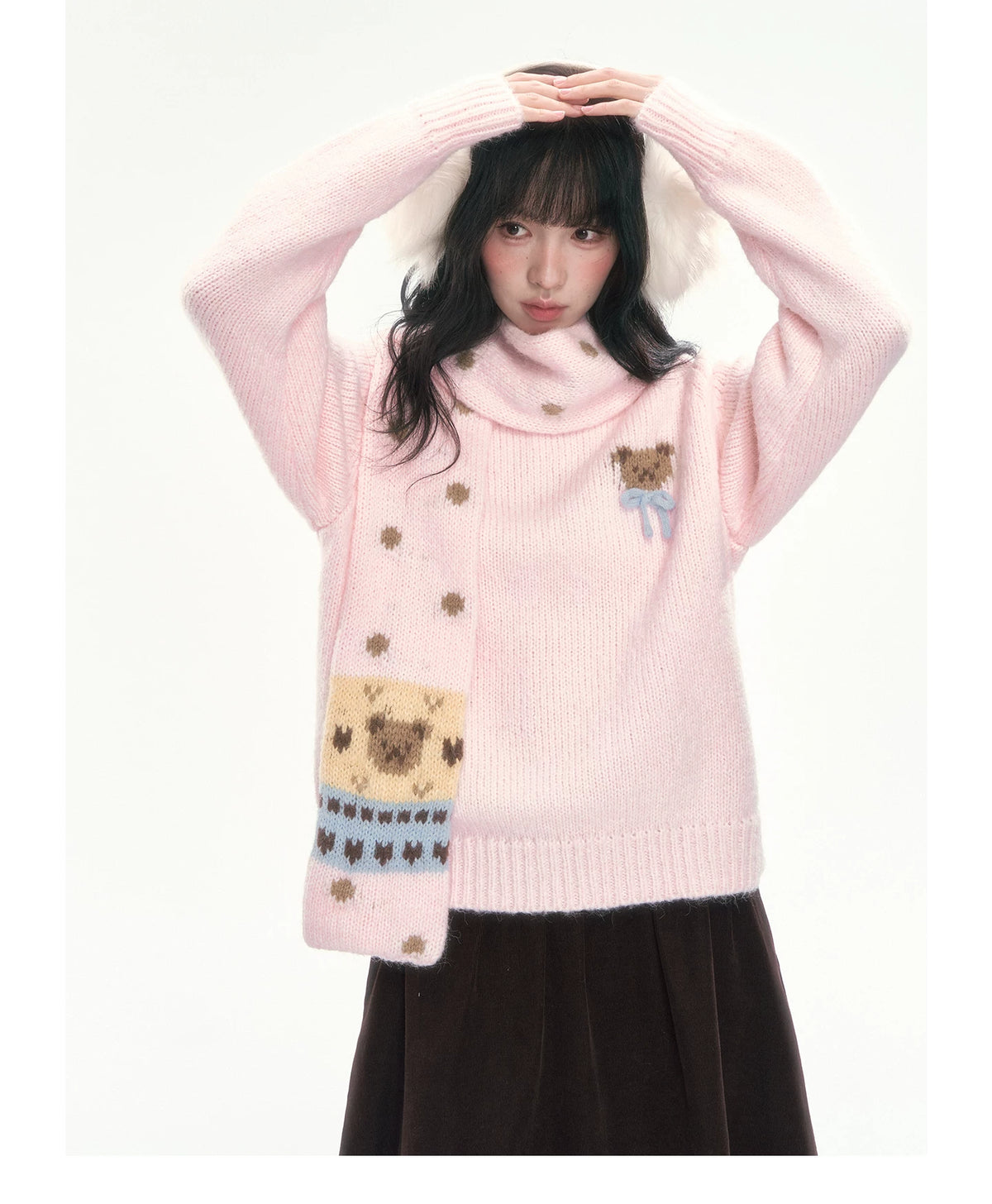 CAN - "The Little Bear Affair" Light Pink Teddy Bear Bow Jacquard Sweater