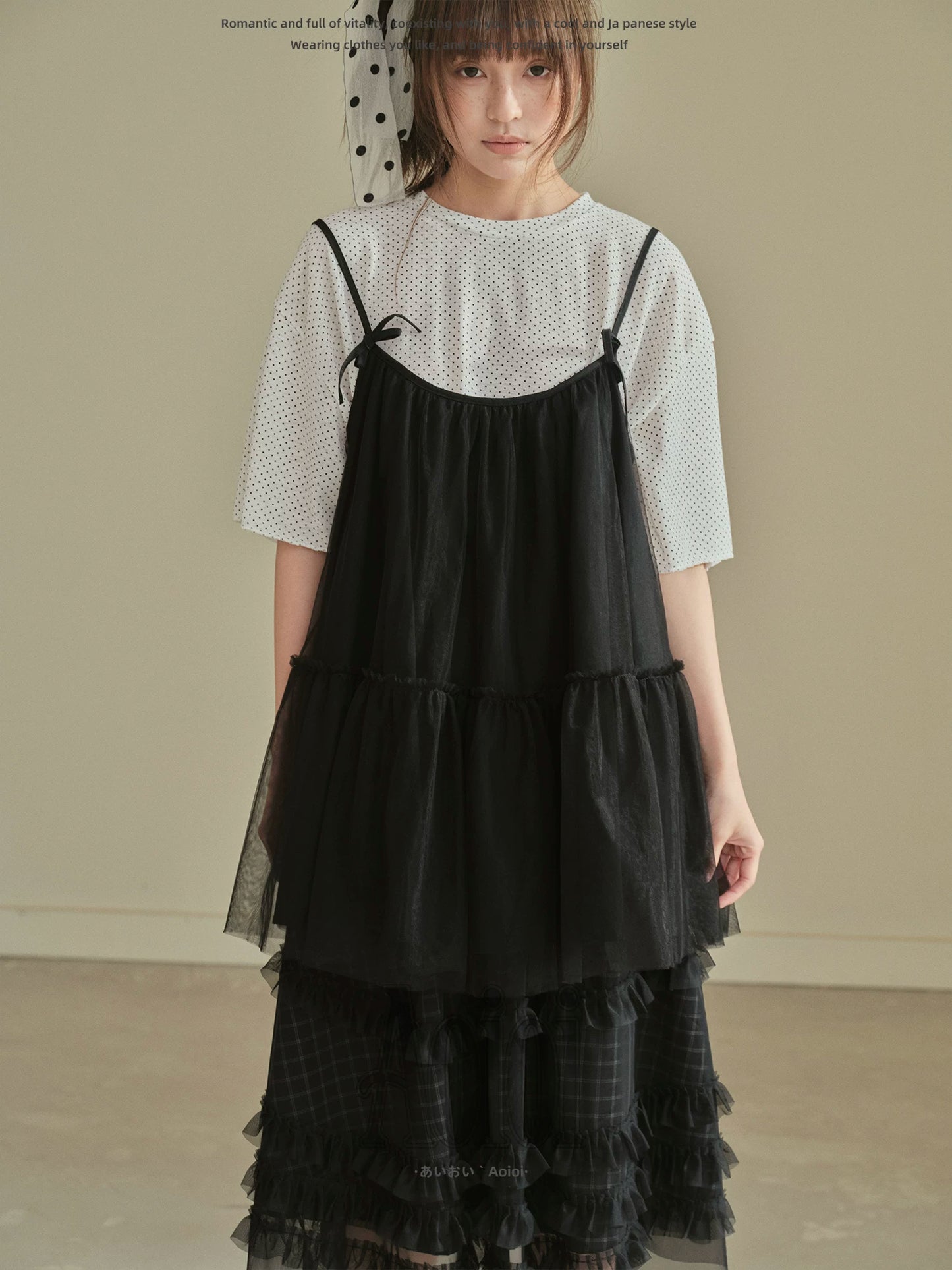 "Airy Veil" Layering Mesh Cami Top (Black / White)