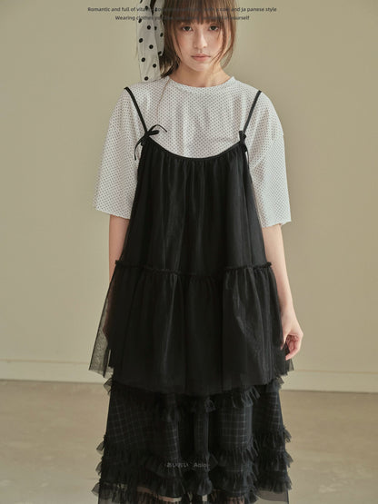 "Airy Veil" Layering Mesh Cami Top (Black / White)