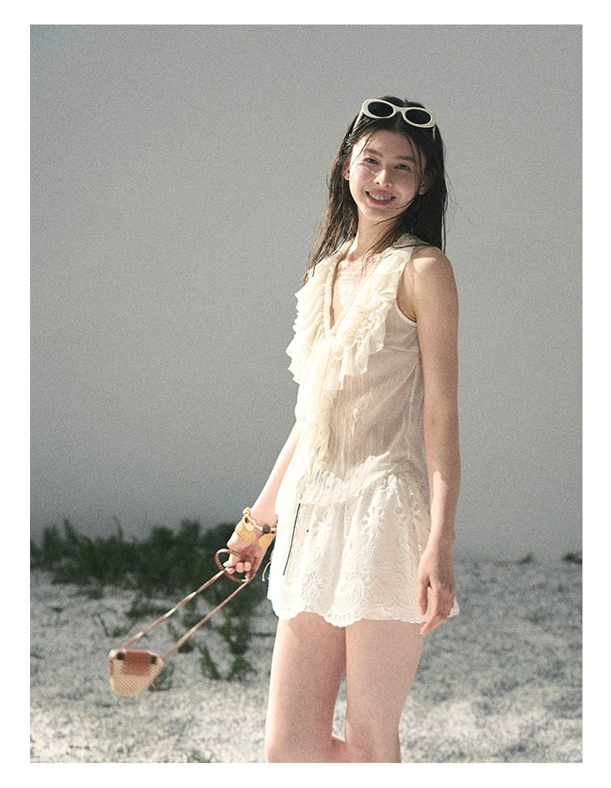 “Moonlight Through Sheer Veils” Ivory Ruffle Chiffon Blouse