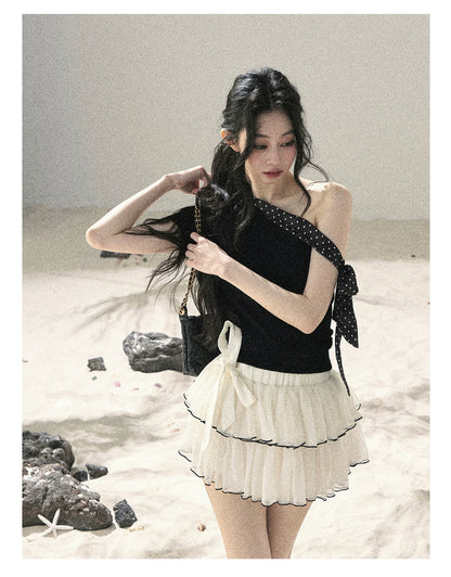 "Flowing Tulle" Cream Apricot Mesh Chiffon Layered Mini Skirt