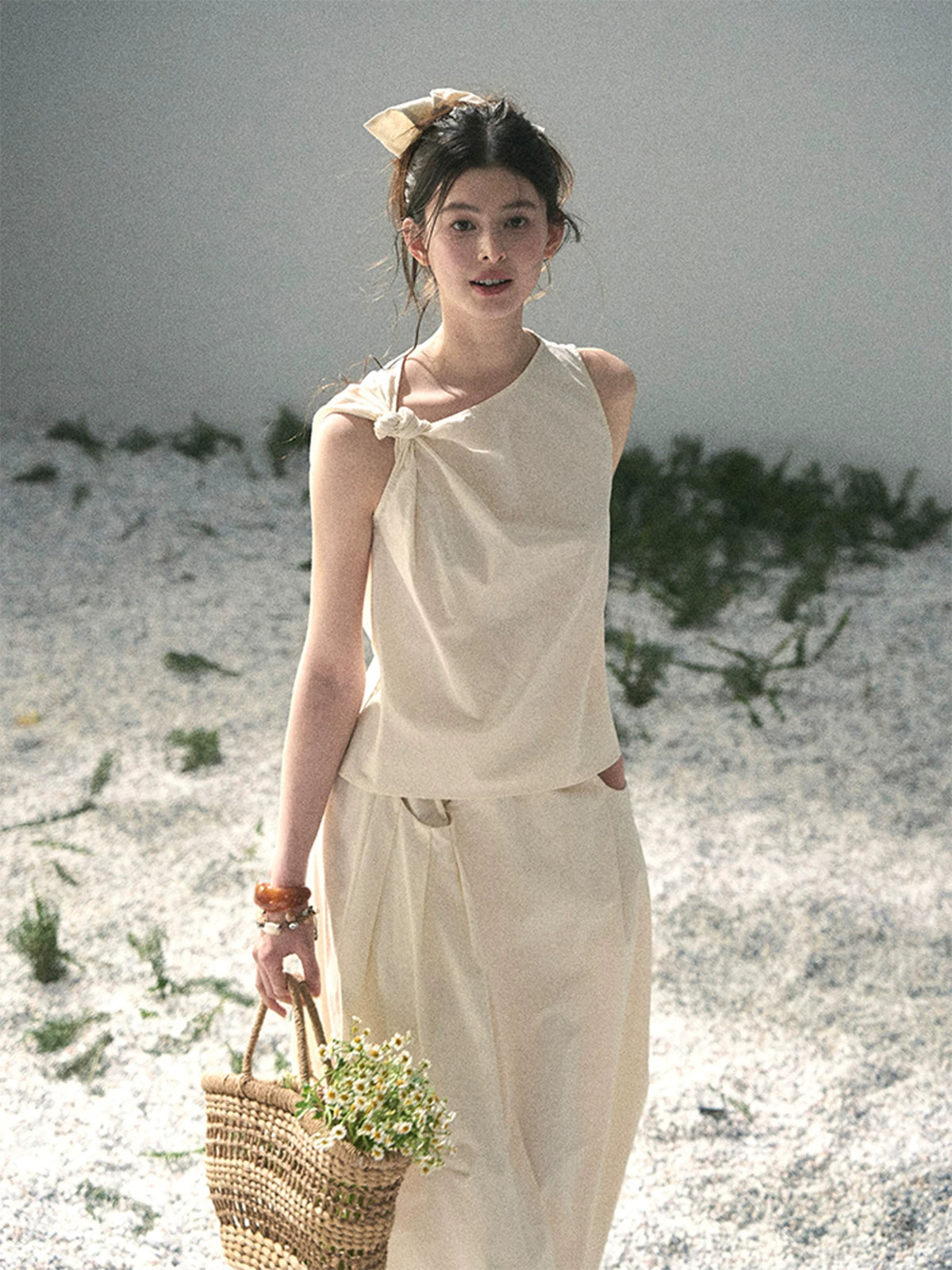 “Ivory Pleated Verse” Soft White Asymmetrical Twist Top & Skirt