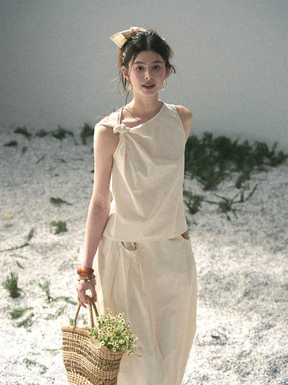 “Ivory Pleated Verse” Soft White Asymmetrical Twist Top & Skirt