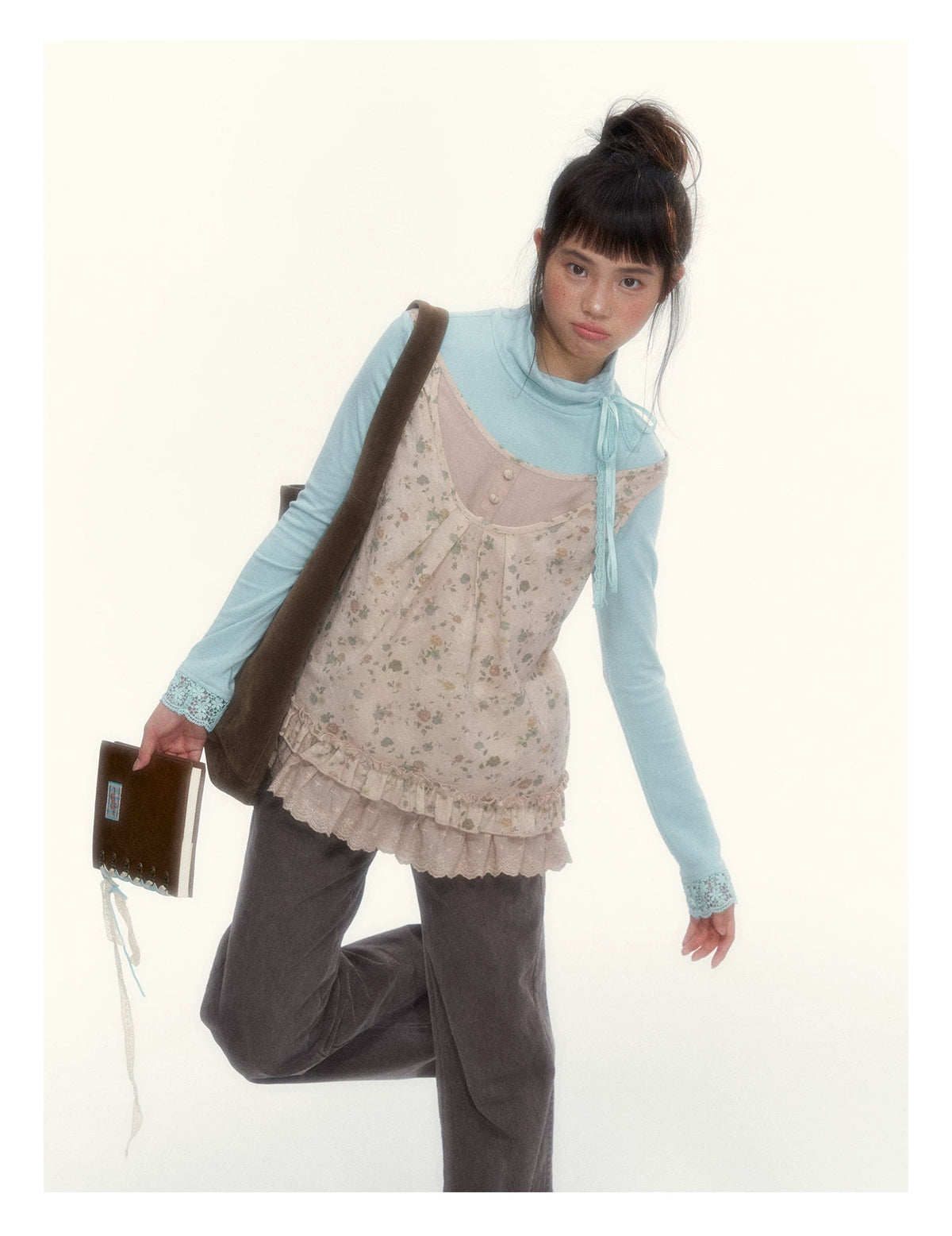 “Mint Milk Pudding” Mint Blue Lace-Trimmed Mock Neck Knit Top