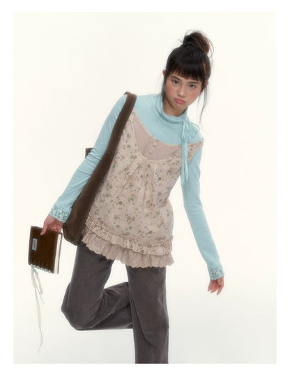 “Mint Milk Pudding” Mint Blue Lace-Trimmed Mock Neck Knit Top