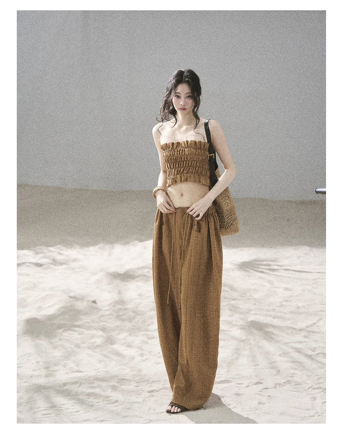 "Caramel Dusk" Ash Caramel Shirred Bandeau Top & Relaxed Pants Set
