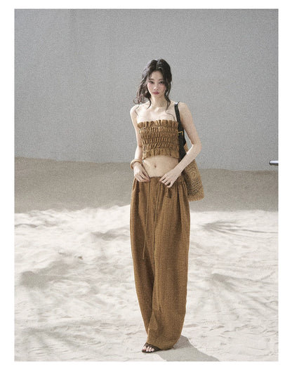 "Caramel Dusk" Ash Caramel Shirred Bandeau Top & Relaxed Pants Set