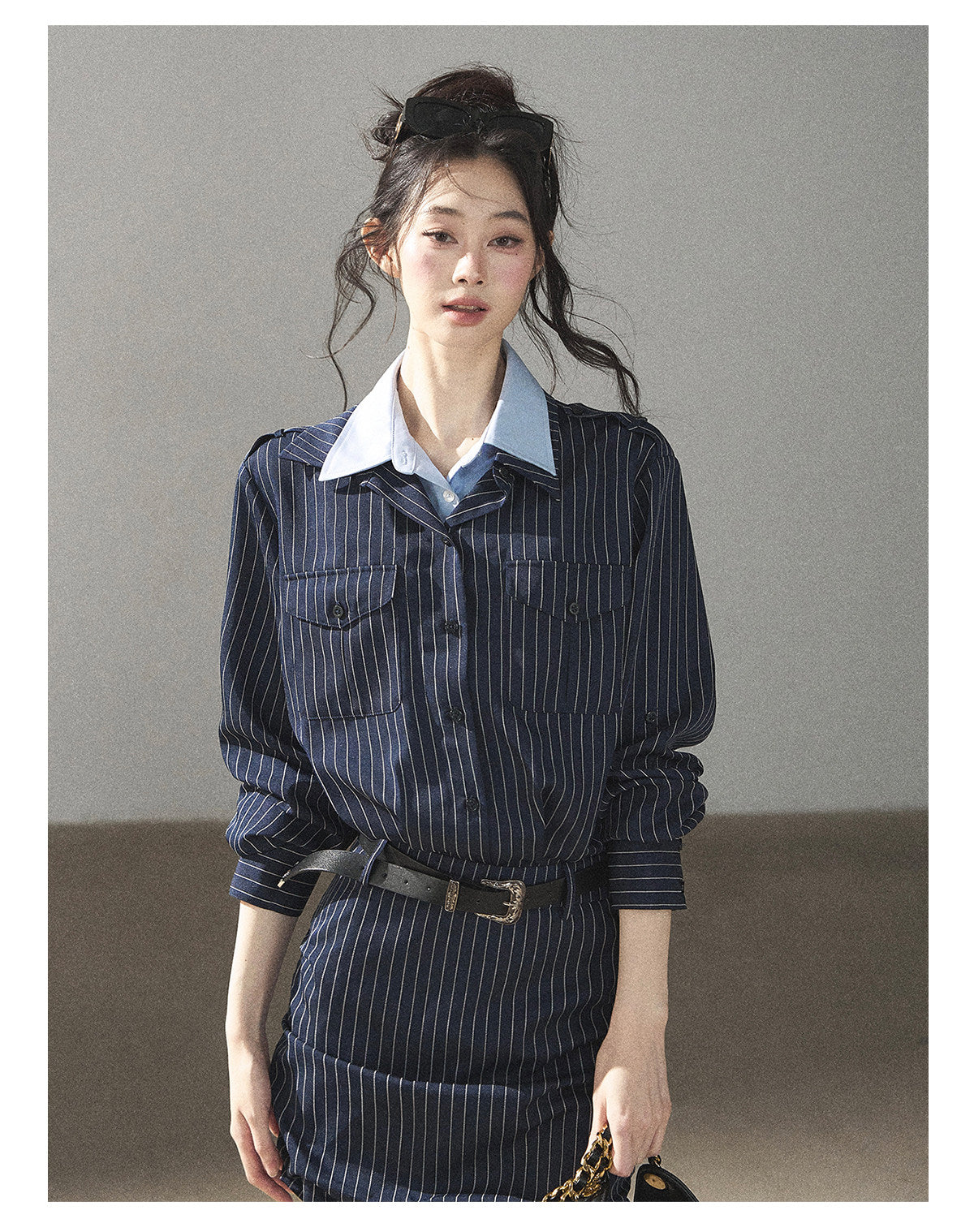 170726 "The Island and the Whale" Deep Slate Gray Layered Stripe Shirt Dress with Belt