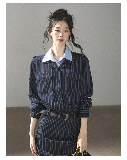 170726 "The Island and the Whale" Deep Slate Gray Layered Stripe Shirt Dress with Belt