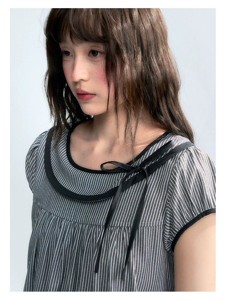 "Black Toast" Black Stripe Asymmetrical Collar Babydoll Blouse