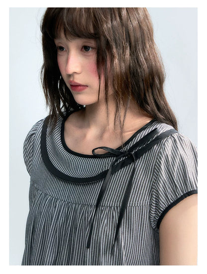 "Black Toast" Black Stripe Asymmetrical Collar Babydoll Blouse