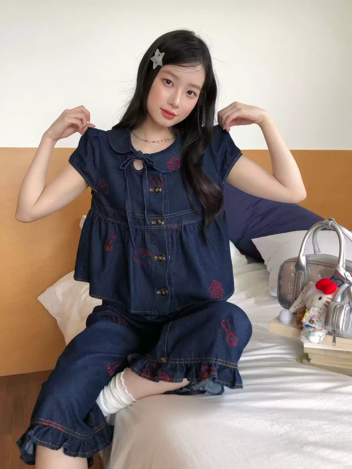 [RF] “Sweet Rebel Denim” Navy Embroidered Ruffle Top & Relaxed Pants Set
