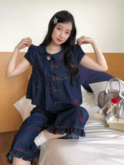 [RF] “Sweet Rebel Denim” Navy Embroidered Ruffle Top & Relaxed Pants Set