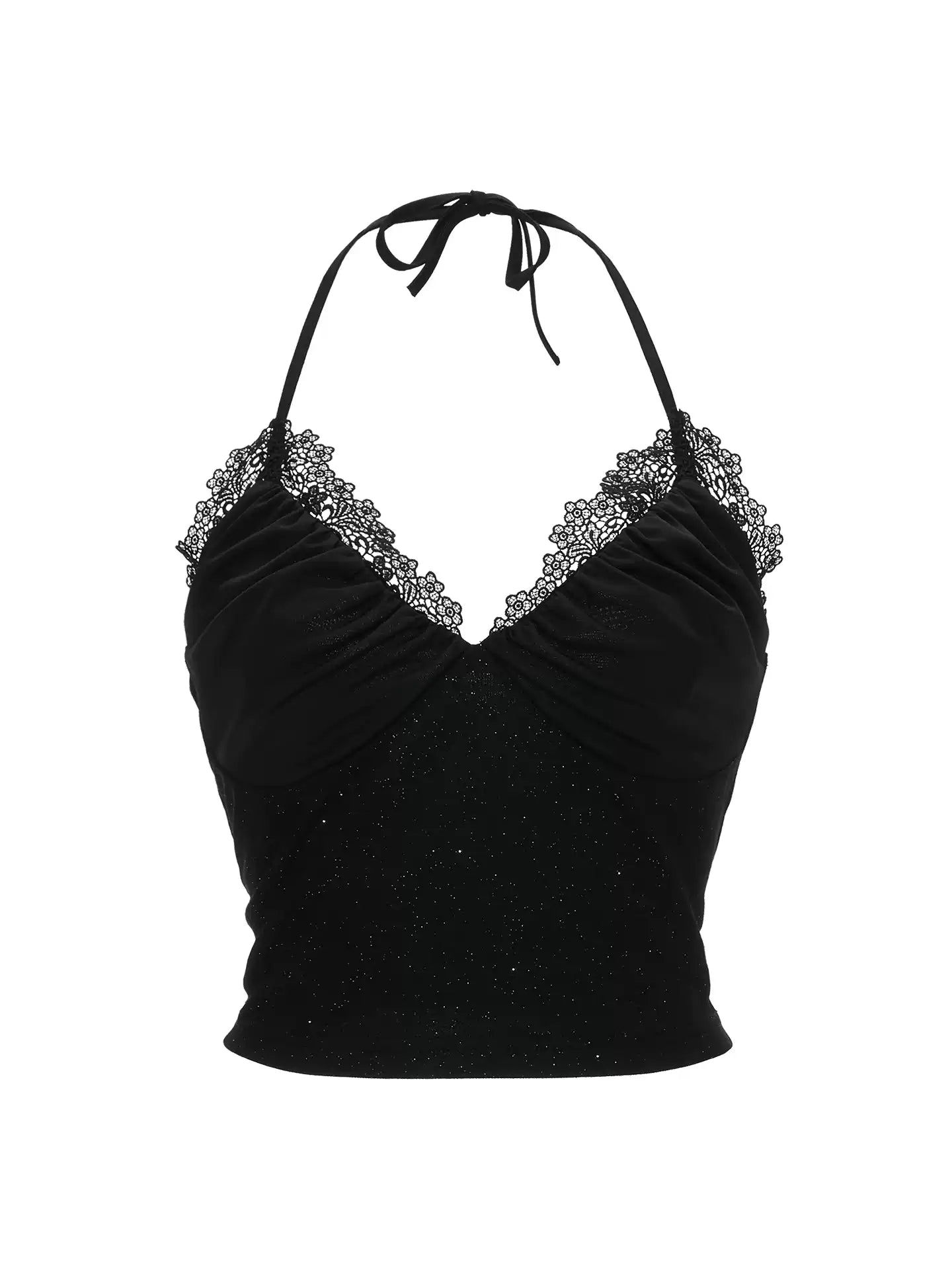 Black Stardust Lace Halter Ruched Cami Top