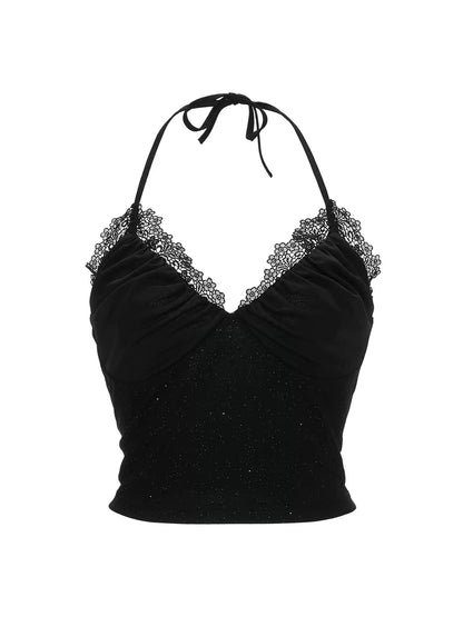 Black Stardust Lace Halter Ruched Cami Top