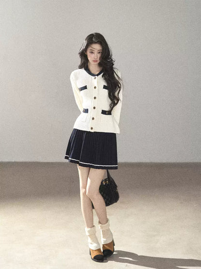 AOMALM - Creamy Off-White Cardigan & Navy Mini Skirt Set