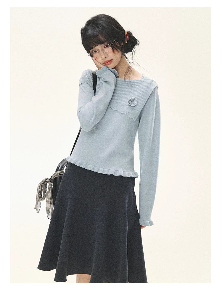 "Sea Salt Bloom" Sea Salt Blue Off-Shoulder Ruffle Knit Sweater