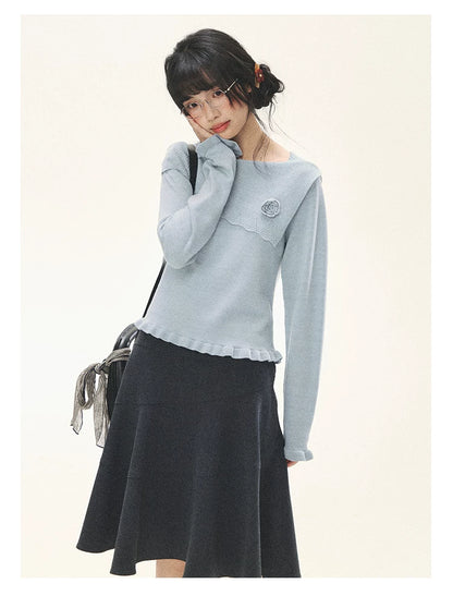 "Sea Salt Bloom" Sea Salt Blue Off-Shoulder Ruffle Knit Sweater