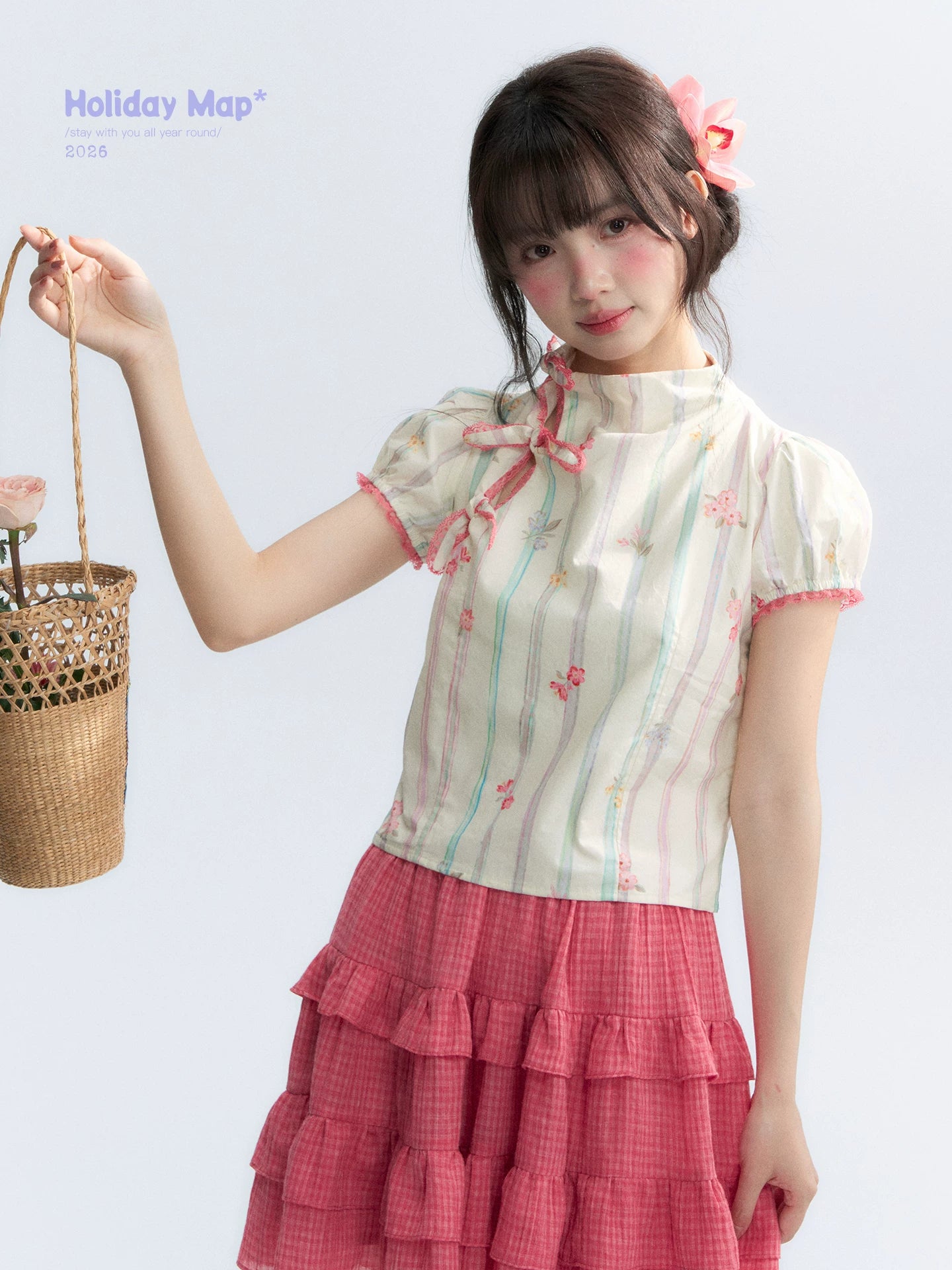 "Peach Blossom" Beige Floral Print Mandarin Collar Blouse