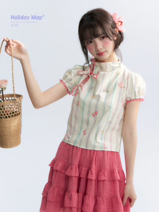 "Peach Blossom" Beige Floral Print Mandarin Collar Blouse