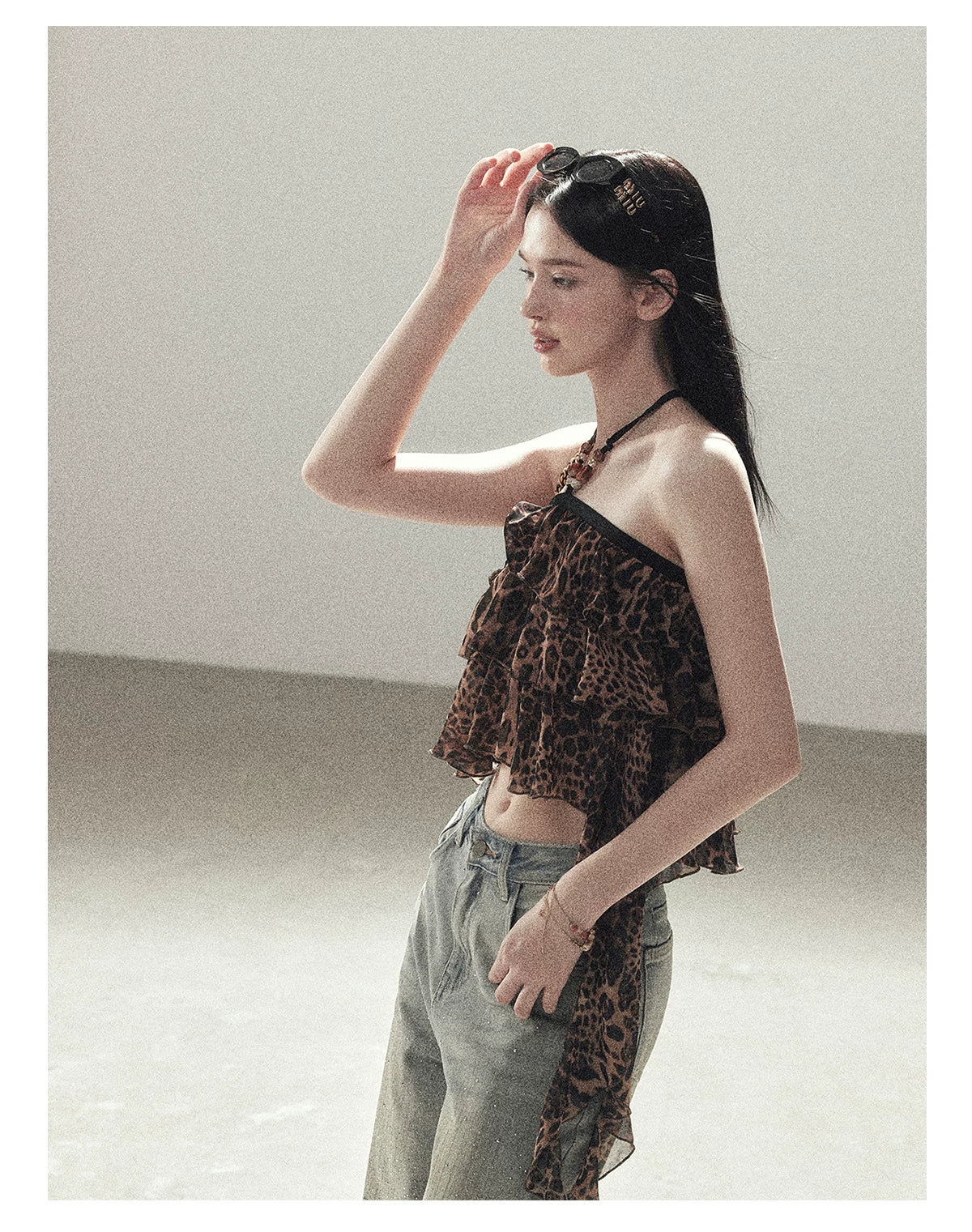 "Chasing the Sunset" Chestnut Brown Leopard Halter Ruffle Crop Top