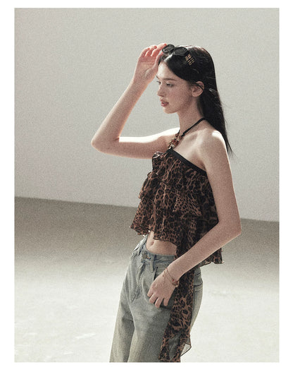 "Chasing the Sunset" Chestnut Brown Leopard Halter Ruffle Crop Top