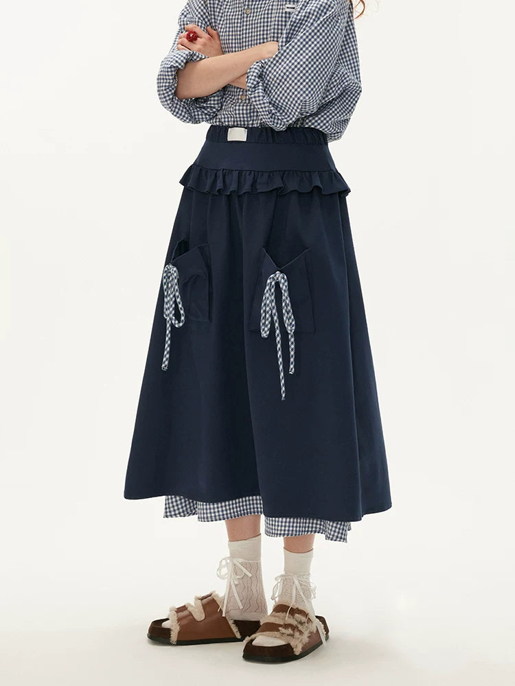 MAMC - Blue Plaid Layered Bow Midi Skirt