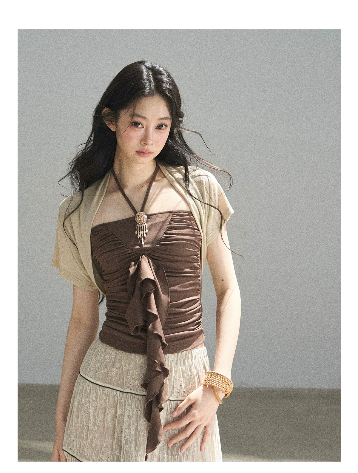 "In the Evening Breeze" Chestnut Brown Halter Ruched Top & Milk Tea Shrug Set