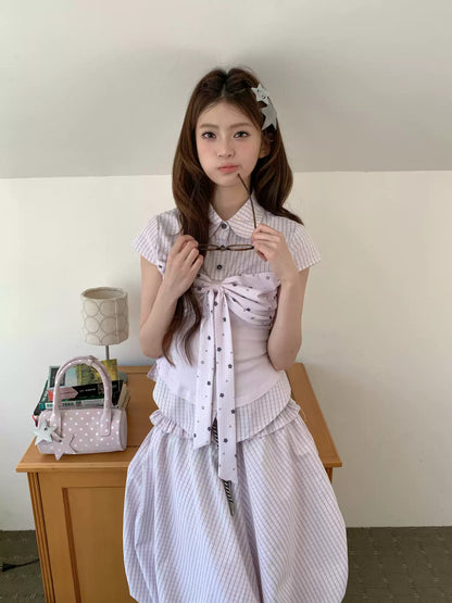 [RF] “Milk Taro Fizz” Soft Purple Striped Blouse & Bloom Skirt Set (Light Blue / Lavender)