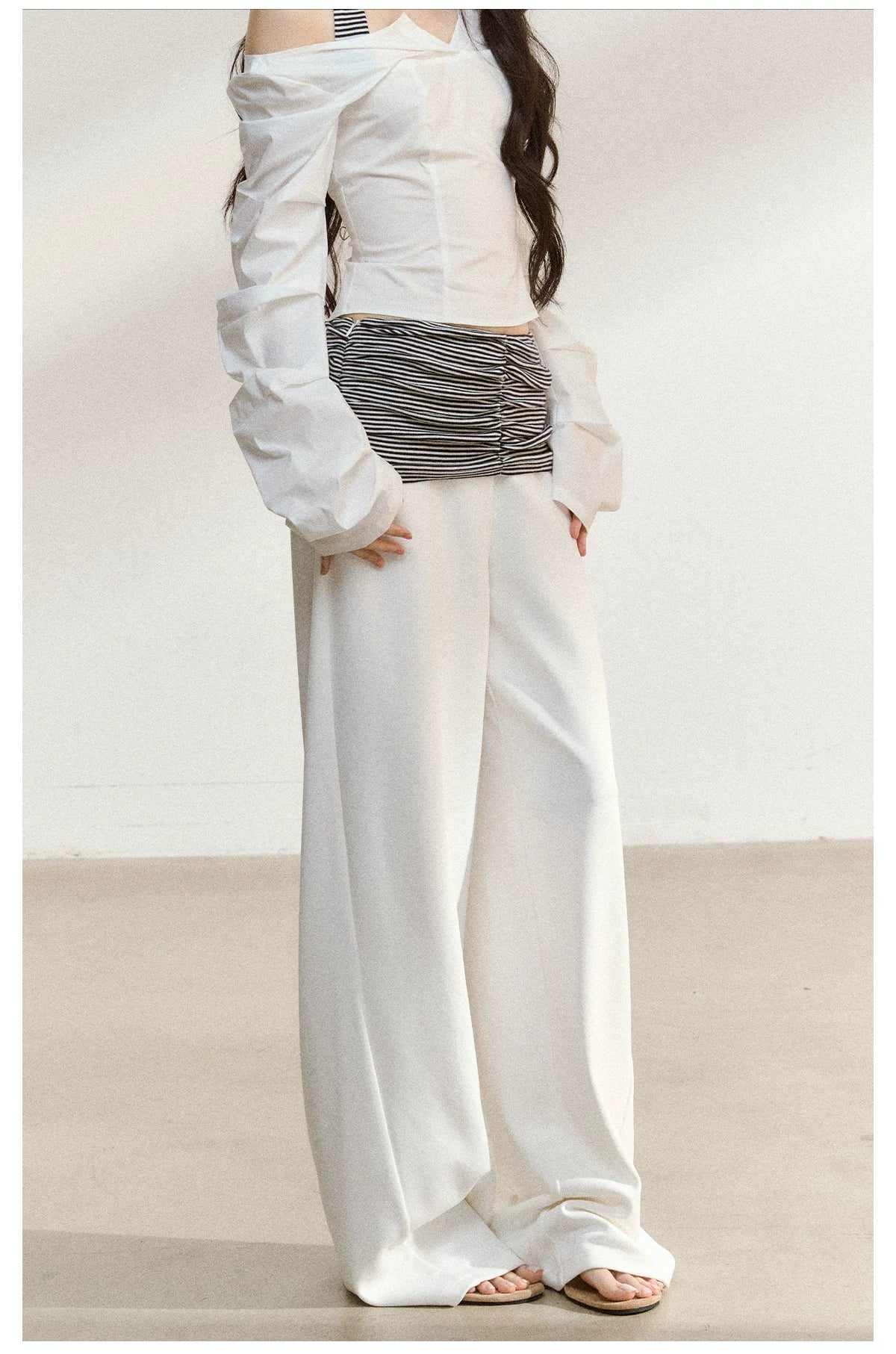 JN's DESIGN - White Wide-Leg Pants with Contrast Striped Waistband