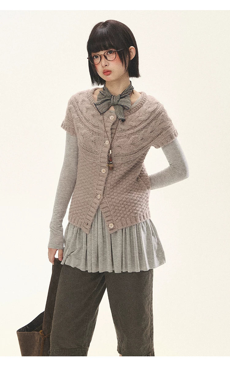 "Rice Knit" Wool-Blend Short Sleeve Knit Cardigan (Moss Coffee Green/ Dusk Dusty Pink)