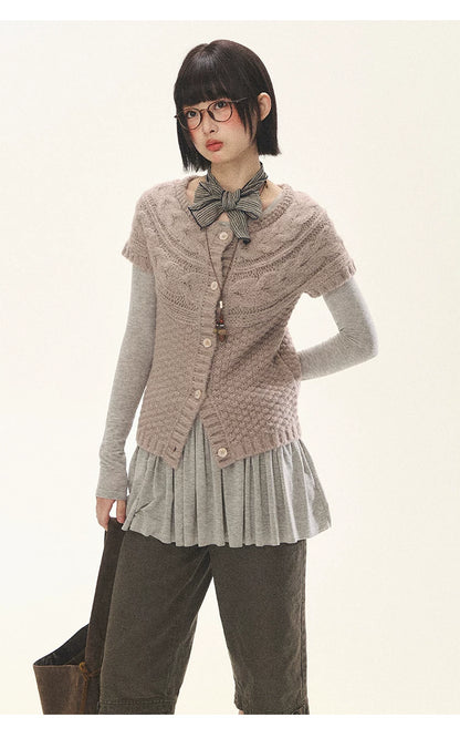 "Rice Knit" Wool-Blend Short Sleeve Knit Cardigan (Moss Coffee Green/ Dusk Dusty Pink)