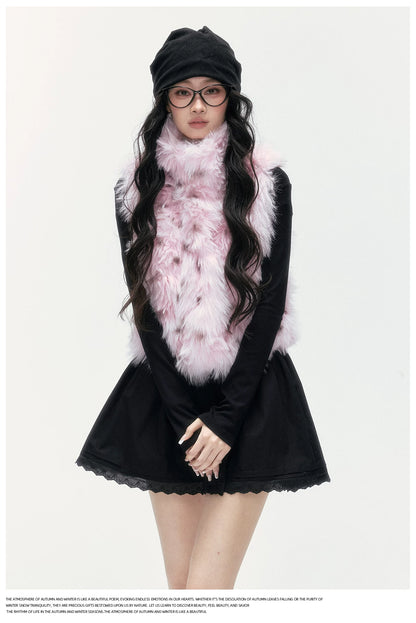 24olvides - Black and Pink Polka Dot Faux Fur Vest