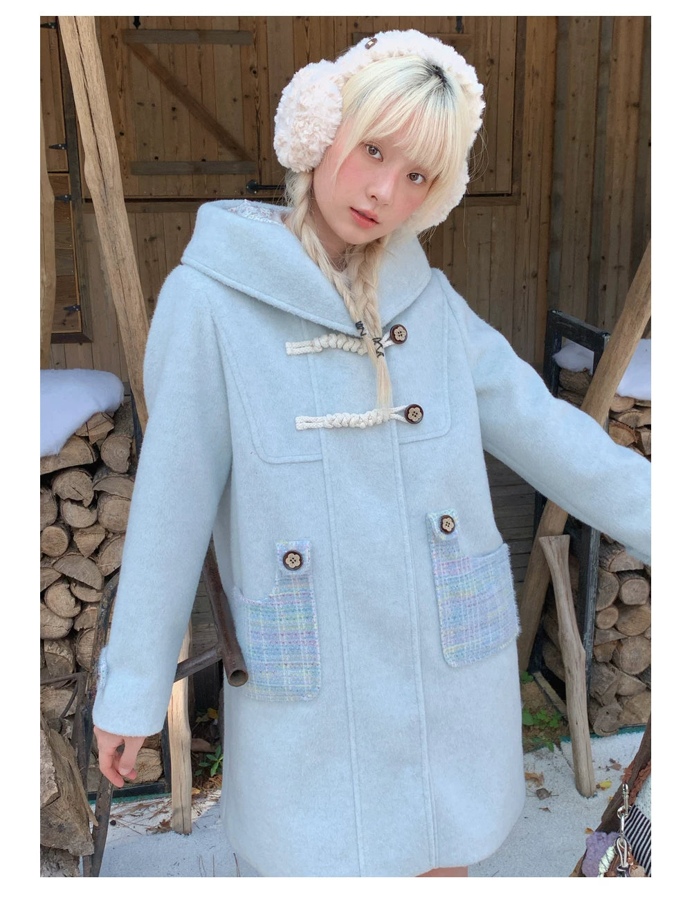 RF - Light Blue Plaid Mid-Length Wool-Blend Coat with Toggle Closures