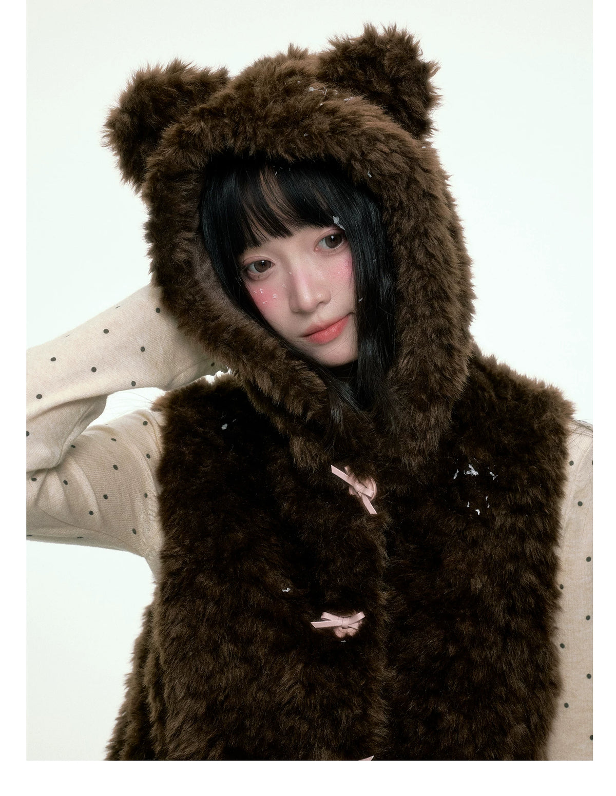 BIBIBENCY - Brown Faux Fur Hooded Vest with Toggle Closures
