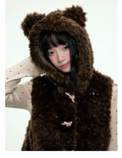 BIBIBENCY - Brown Faux Fur Hooded Vest with Toggle Closures