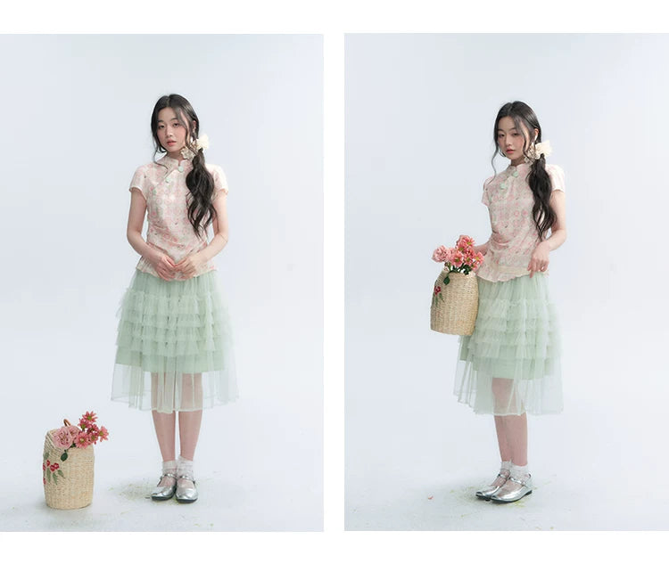 "Lime Mille-Feuille Glow" Peach Mist Chinese-Inspired Short Sleeve Top & Lime Green Tulle Tiered Skirt Set