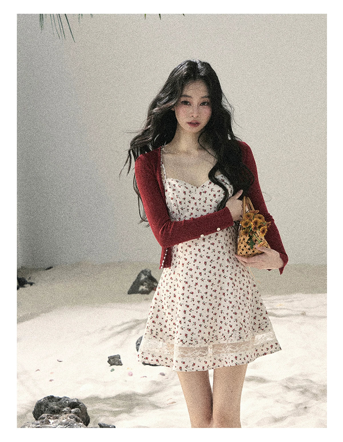 "Blooming Rose Reverie" Cloud White Floral Lace Mini Dress & Burgundy Wine Cardigan 56483