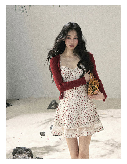"Blooming Rose Reverie" Cloud White Floral Lace Mini Dress & Burgundy Wine Cardigan 56483