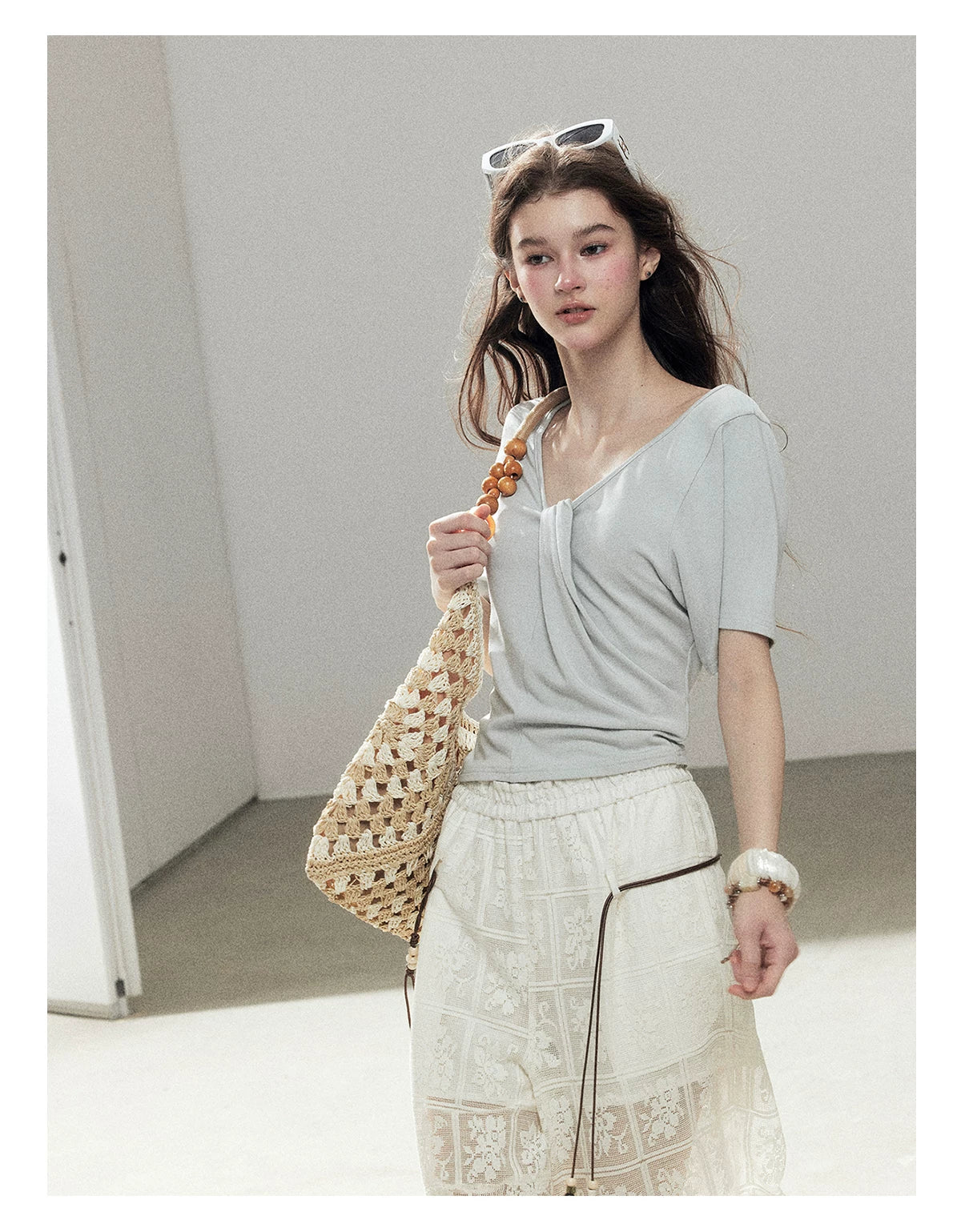 "Moonlight on Water" Twist-Front Cropped T-Shirt (Silver Mink Gray/ Mist Blue)