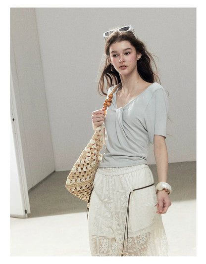 "Moonlight on Water" Twist-Front Cropped T-Shirt (Silver Mink Gray/ Mist Blue)